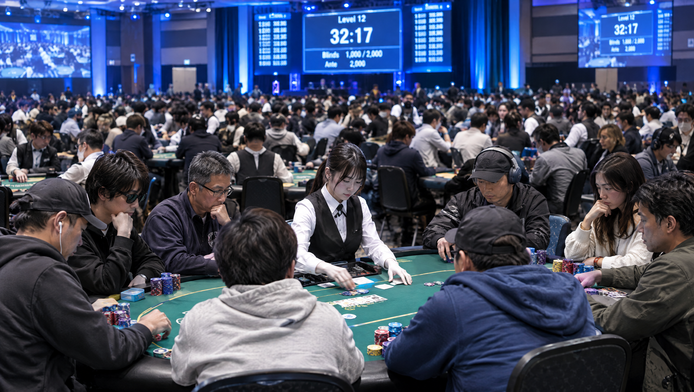 トーナメント会場で多くのプレイヤーが真剣にプレイしている様子