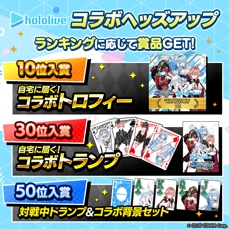  【ホロライブコラボヘッズアップ】各タレントのランキングイベント開催！トロフィーやトランプなど限定グッズを手に入れよう！