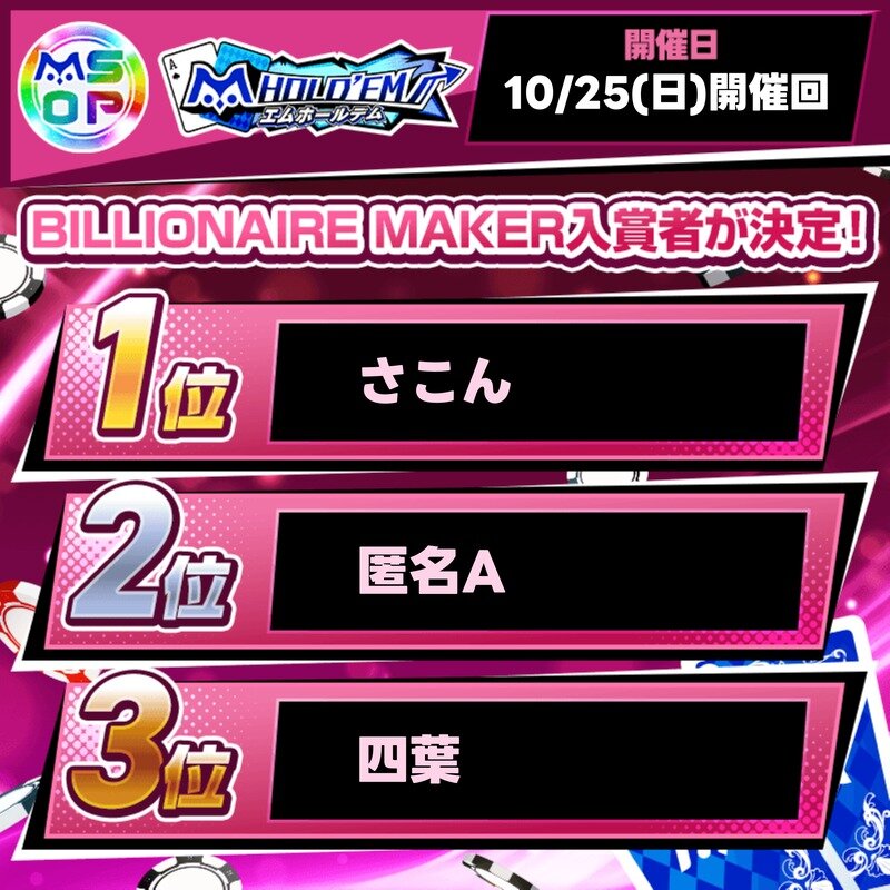 mSOP#3 BILLIONAIRE MAKERの上位入賞者を発表!【10/25(日)開催回】